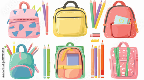 Set of pencil cases with school supplies isolated on