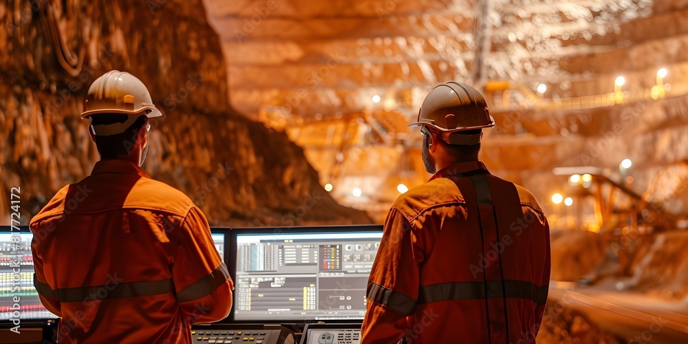 Control Room Screen Mining Engineers in control room overseeing operations at mining site. Concept ...