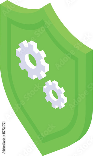 Vibrant isometric icon depicting a green shield with gear symbols, representing data protection and cybersecurity