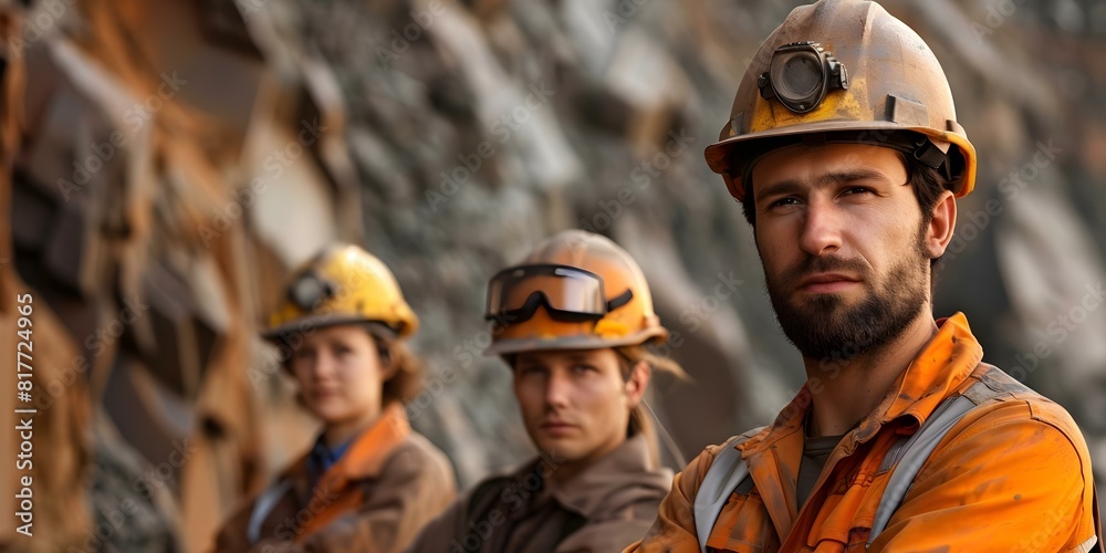 Engineer and technician workers in a mining district. Concept Mining Equipment, Industrial Tools, Safety Regulations, Teamwork, Underground Operations Engineer and technician workers in a mining district. Concept Mining Equipment, Industrial Tools, Safety Regulations, Teamwork, Underground Operations