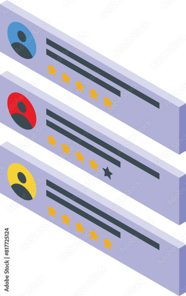 Threedimensional isometric design of user reviews with star ratings and profile icons Threedimensional isometric design of user reviews with star ratings and profile icons