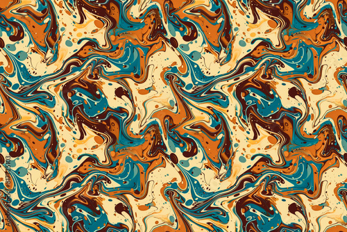 A painting of a swirl of colors with a blue and brown background