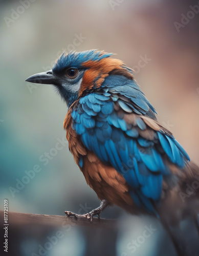 Colorful bird with blue feathers against a soft-focus background 