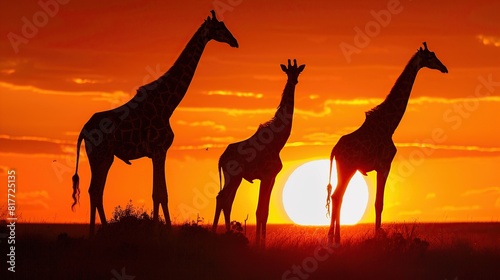 Giraffes and Sunset  Beautiful Landscape with Giraffes Silhouette  Generative AI