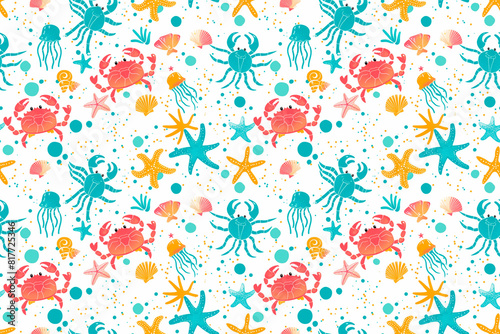 A colorful pattern of sea creatures including crabs  starfish  and jellyfish