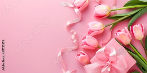 Photo of pink tulips and a gift box with a ribbon on a pink background © wanna