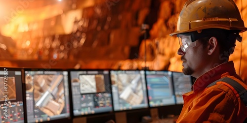 Engineers monitoring operations at mining site from control room. Concept Mining Site Operations, Engineer Monitoring, Control Room, Industrial Technology, Resource Extraction