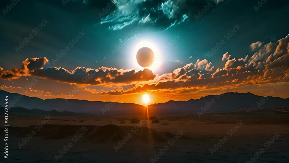 Spectacular solar eclipse over a dramatic desert landscape