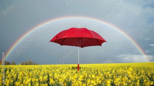 Solitudes Shelter  Red Umbrella Amidst Yellow Field and Rainbow
