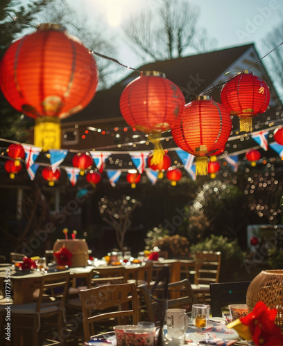 a Chinese New Year festival garden party with a small group of friends, balloons and union jack bunting
