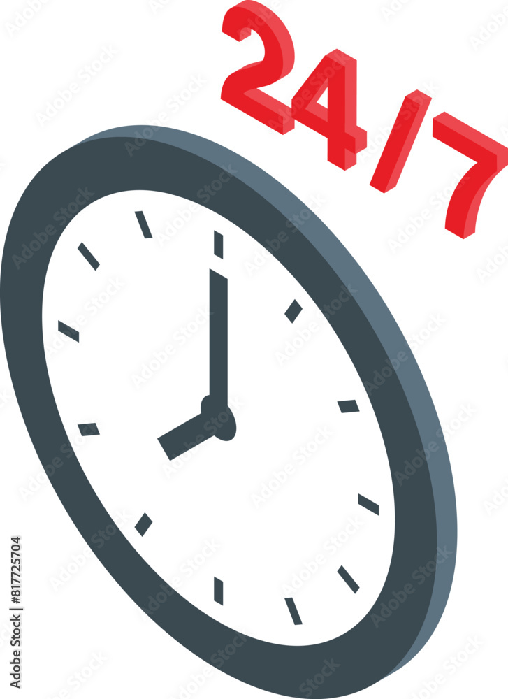 Isometric vector illustration of a clock with red 247, symbolizing continuous operation or service