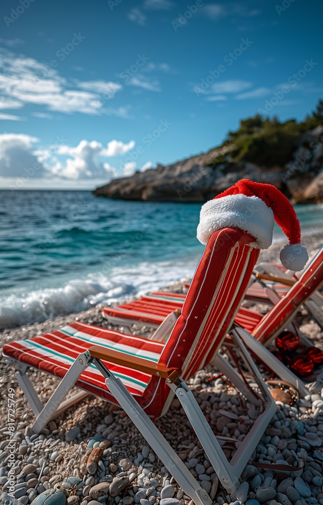 Santa's beach vacation. Christmas hat on striped chair with festive cap under sunny skies Santa's beach vacation. Christmas hat on striped chair with festive cap under sunny skies