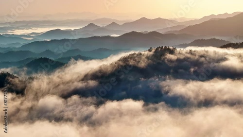 Aerial view of the misty mountains in China