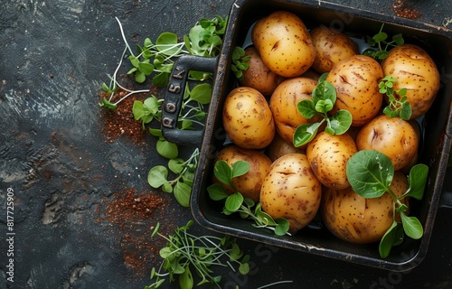 Square iron pot with sprouting potatoes on brown surface  showcasing sturdy produce s growth