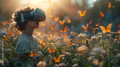 Child wearing VR headset in a field of flowers with butterflies in warm sunlight.