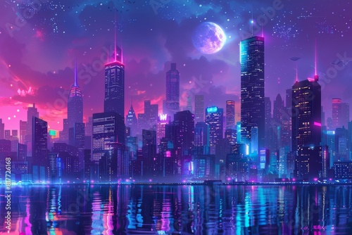 Futuristic cityscape with neon lights