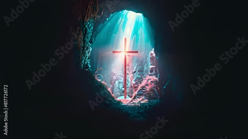 Mystical glowing cross in cavern with ethereal light photo