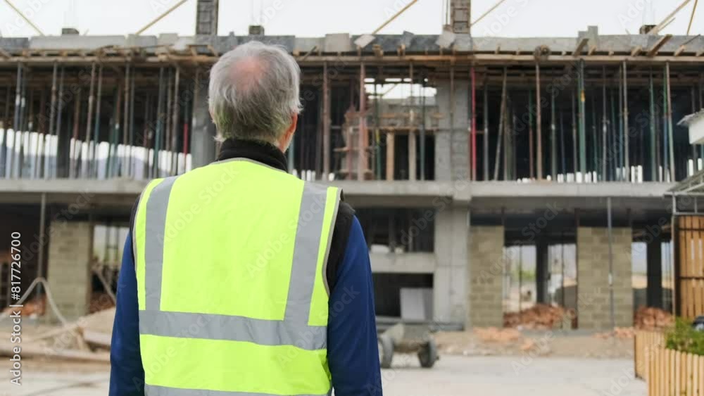 Experienced gray-haired engineer man who came to the site of under construction, putting on helmet on head, walking on building site, back side view Experienced gray-haired engineer man who came to the site of under construction, putting on helmet on head, walking on building site, back side view