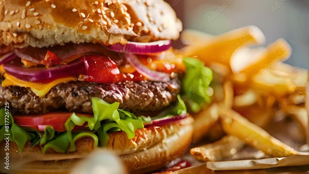 Close-up shot of a juicy burger with crispy fries