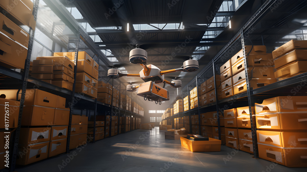 Robotlogistic drone Industrial worker in a brightly lit warehouse with metal shelves stacked high with boxes Robotlogistic drone Industrial worker in a brightly lit warehouse with metal shelves stacked high with boxes