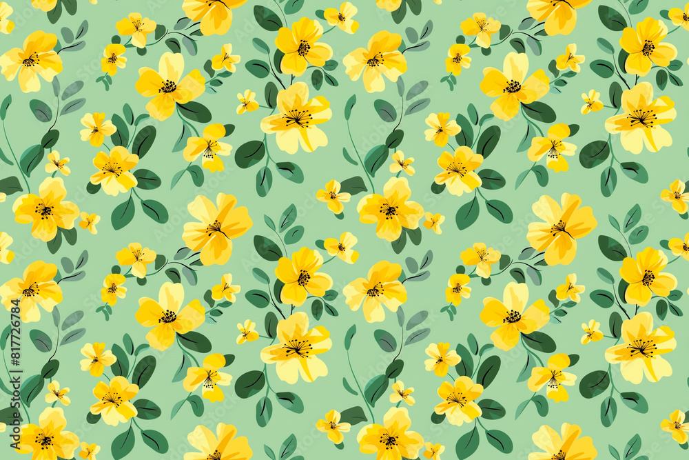 A floral pattern with yellow flowers is on a green background