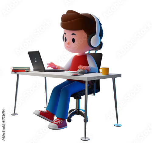 PNG transparent 3D render illustration of male, boy teenager wearing headphone working, using computer on desk with books, a cup of coffee, and plant pot , work from home concept
