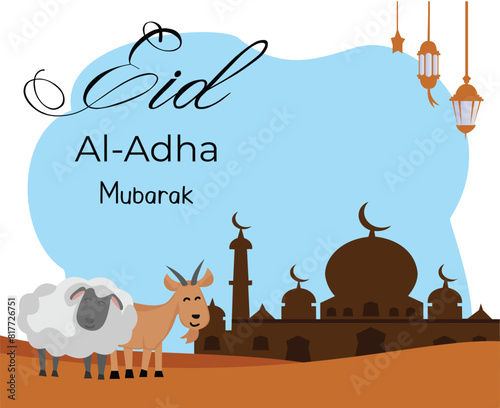 happy eid al adha celebration with illustrations of mosque and sacrificial goats