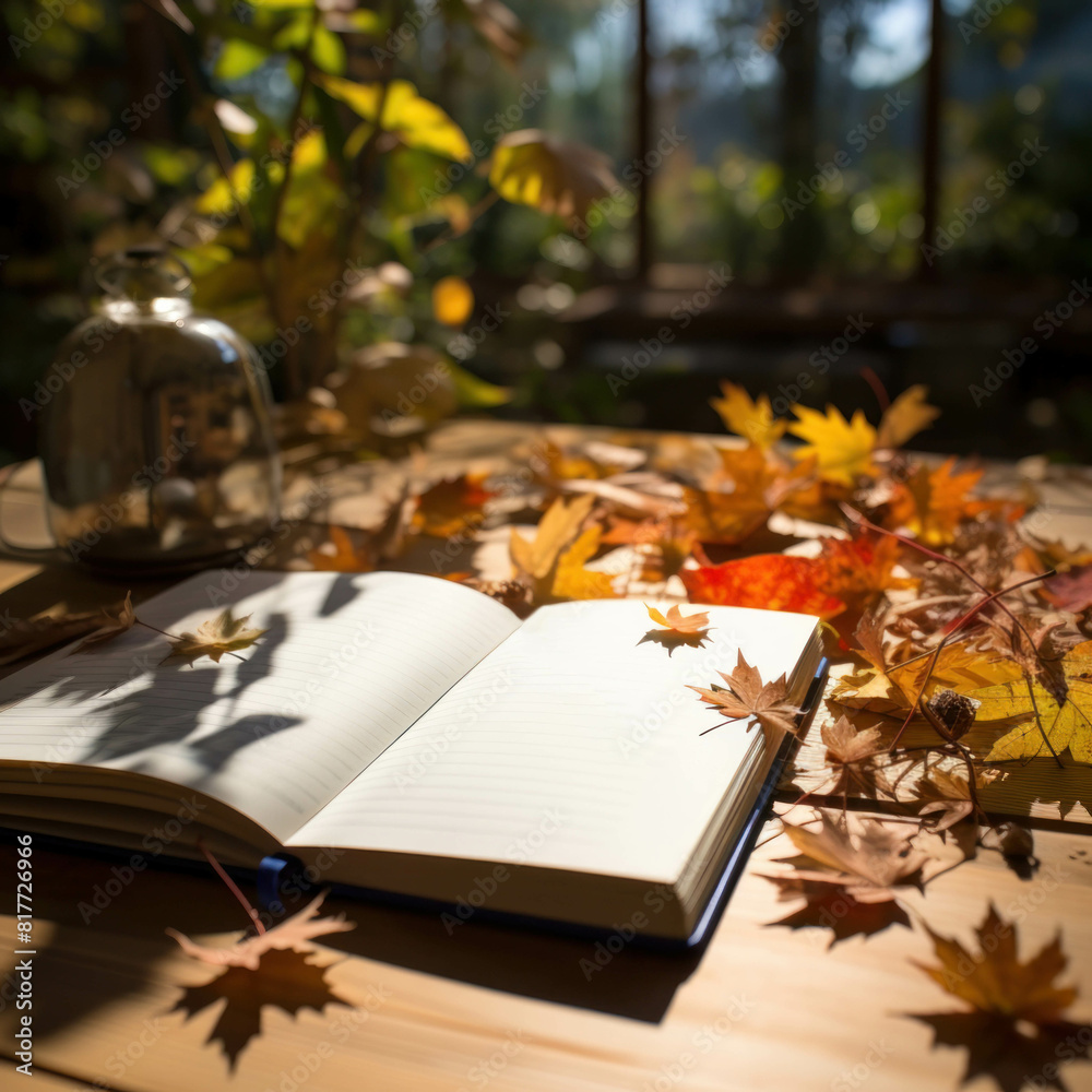 Fall season inspiration on notebook with autumn leaves on the table Fall season inspiration on notebook with autumn leaves on the table