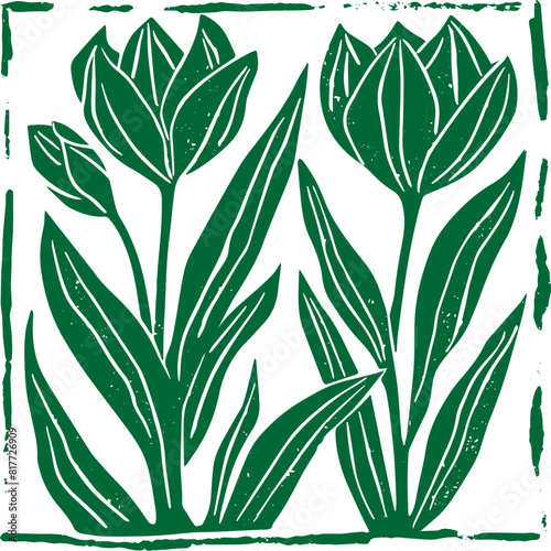 Tulip flowers linocut vector illustration with grunge texture. Monochrome linear woodcut illustration.	