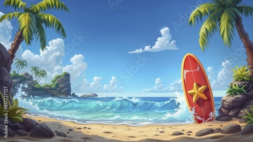 Playful beach holiday scene with essentials and surfboard, perfect for surf shop promotional materials. photo