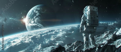 Wallpaper Mural Concept art for a futuristic space mission, focusing on a spacecraft approaching a cratered exoplanet with Earth visible in the distance, underlining the themes of exploration and horizon 8K , high-re Torontodigital.ca