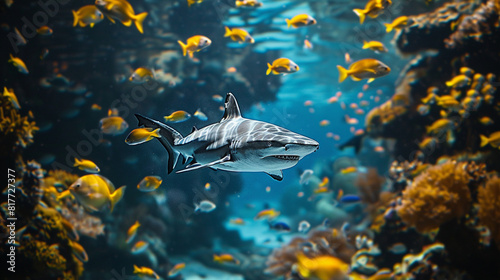 Colorful fish swim in a bright blue aquarium, a miniature underwater world