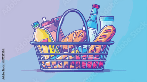 Shopping basket with foods sausage bread and drinks j