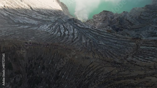 Aerial view of Mount Ijen crater, Sulfur mining in an active volcano, Java, Indonesia photo