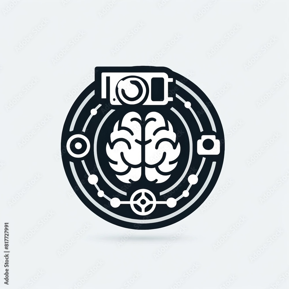 A circular icon combining a brain and a camera, representing the fusion of cognitive processes and visual media. The simple black and white design stands out, providing room for text A circular icon combining a brain and a camera, representing the fusion of cognitive processes and visual media. The simple black and white design stands out, providing room for text