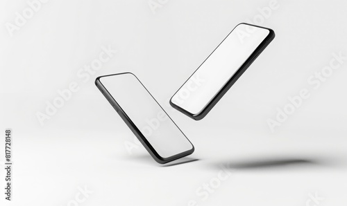 two smartphone floating in the air with white blank screen. on solid white background. mix match for mockup.