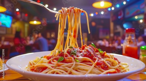 Action shot of an Italian spaghetti dish being twirled on a fork, with sauce dripping down, ready to be lifted up, highlighting a fastpaced dining experience photo