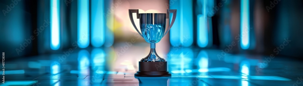 A single trophy illuminated by ambient blue light in a modern, digital gallery, symbolizing excellence and futuristic achievements A single trophy illuminated by ambient blue light in a modern, digital gallery, symbolizing excellence and futuristic achievements