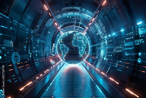 A visually striking digital passageway featuring a 3D globe, ideal for showcasing futuristic transportation or communication technologies
