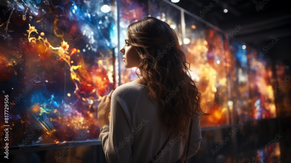 Young Woman Looking At Modern Art Installation In Gallery, Embracing Creativity And Inspiration Young Woman Looking At Modern Art Installation In Gallery, Embracing Creativity And Inspiration