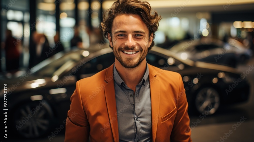 Cheerful Young Man in Dealership Buying a New Car Cheerful Young Man in Dealership Buying a New Car