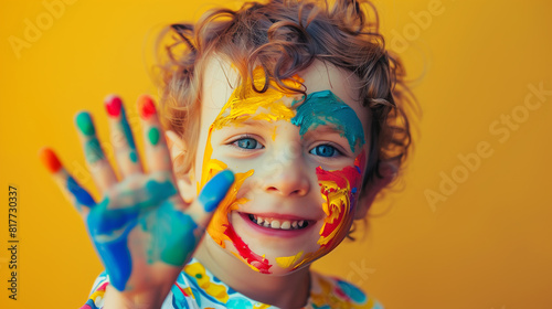 joyful child girl playing a fun game with paint  colorful face in paint