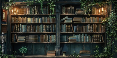 Dark academia bookshelf with vintage books