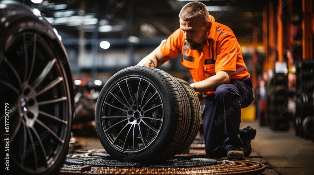 Obraz premium Mechanic Holding a Tire In a Workshop with Industrial Background