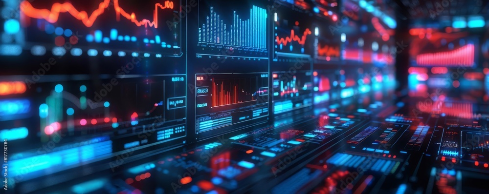 Detailed view of a financial analytics platform with deep blue and red neon lights, showcasing algorithmic trading systems
