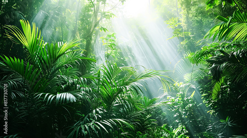 A lush  tropical jungle with a bright sun shining through the trees.