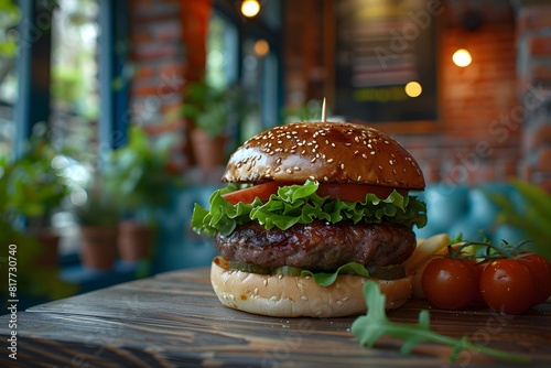 A hamburger with lettuce and tomatoes on a table