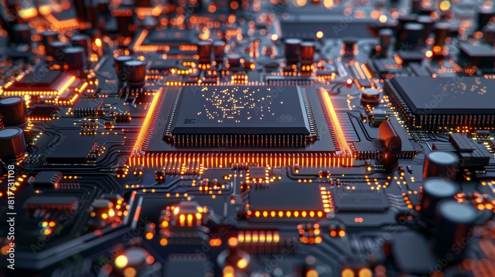 Macro shot of black pcb with gold connectors, technology innovation concepthorizontal banner