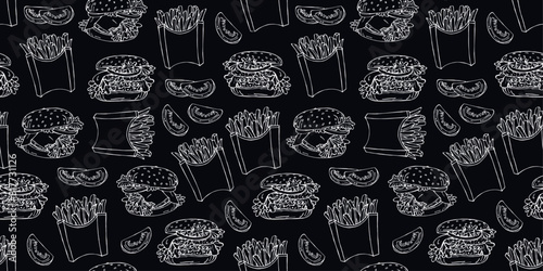 Seamless background with fast food, drawings of french fries and cheeseburgers. Delicious popular food from fast food restaurants, vector image. Endless background. Stylized images of food