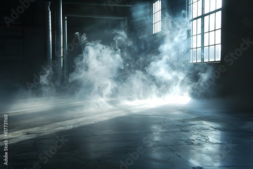 Smoke rises from a structure in a dim room